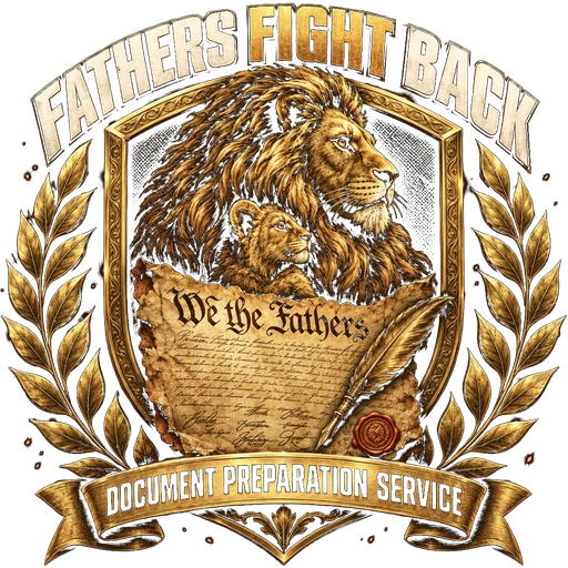 Fathers Fight Back crest: a lion and cub over a parchment reading We the Fathers