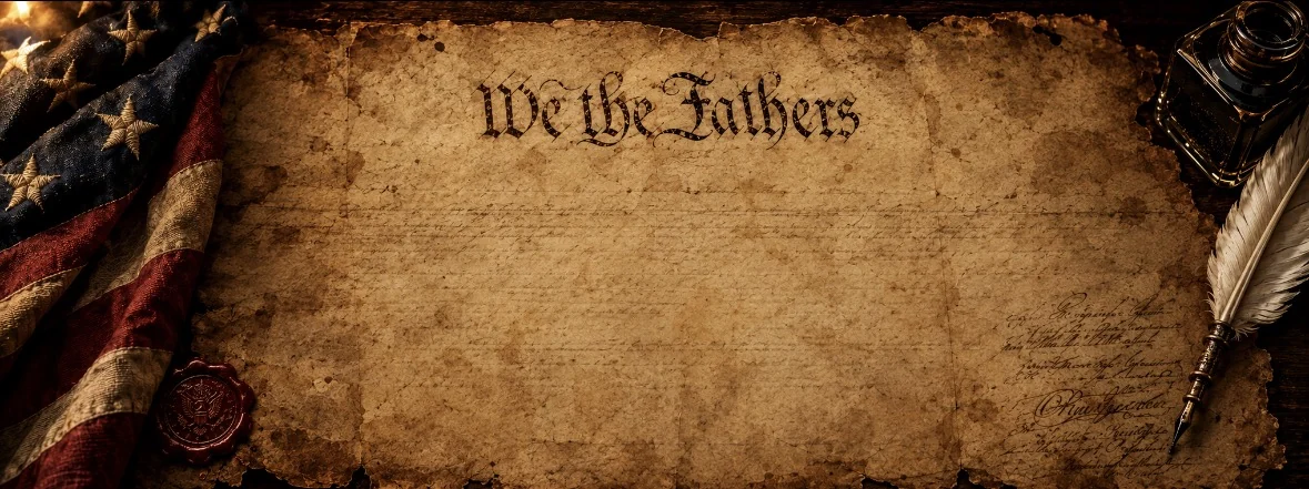 Aged parchment reading We the Fathers, with an American flag, a wax seal, an inkwell and a quill